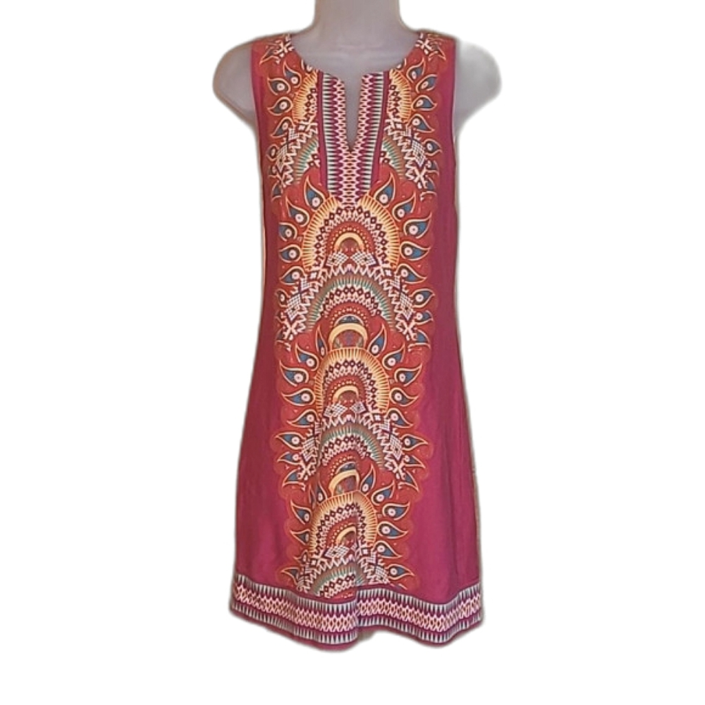 New York & Co Shift Mini Dress Sleeveless Fitted Sheath India Dashiki Print Boho